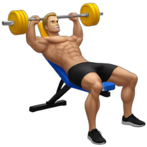white man on musculation bench with portable computer used as dumbbels doing bench press emoji