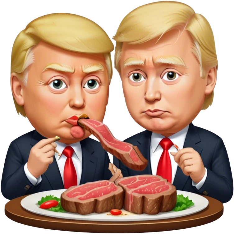 photorealistic Donald Trump and Putin eating a steak shaped like an piece of land emoji