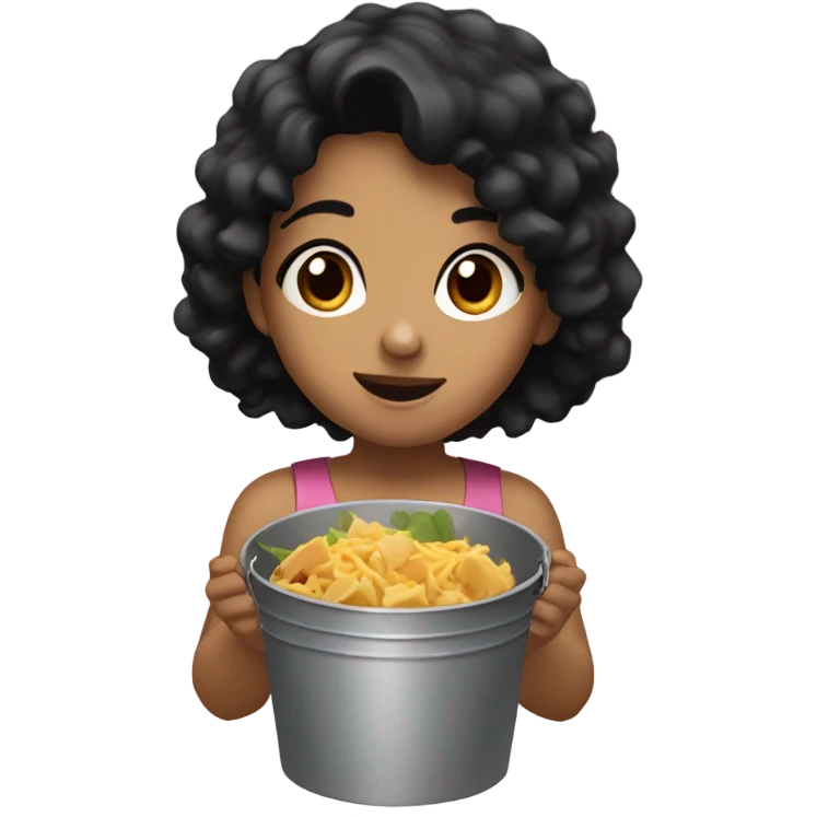 girl with thick black hair and dark brown eyes eating food out of a bucket emoji