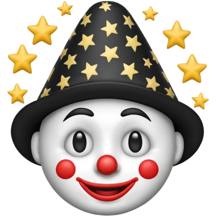 Crie um emoji com um chapéu de palhaço em preto e branco e com estrelinhas na cabeça como se o emoji estivesse tonto emoji