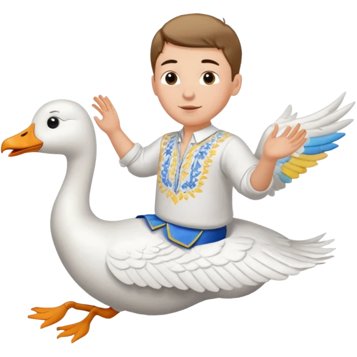 A boy in a Ukrainian white embroidered shirt flies on a white goose emoji