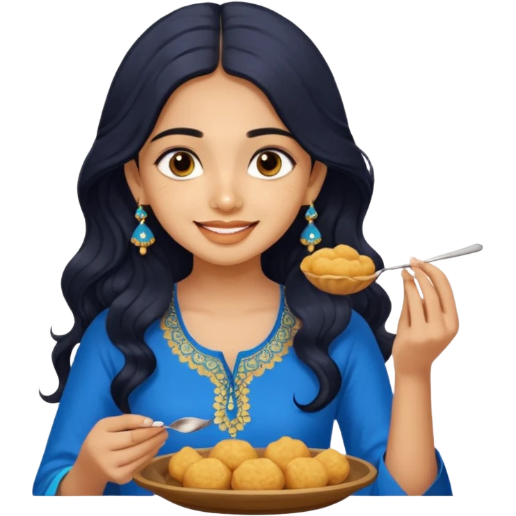 a pretty tan indian bratz girl with wavy long BLACK hair. eyeliner on, wearing a blue kurti, eating golgappa. NO SPOON emoji