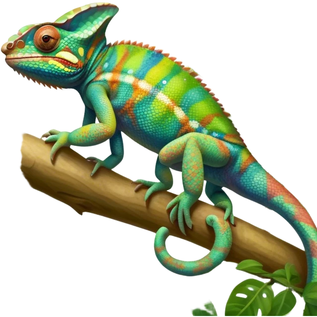 Giant chameleon on a branch, blending with vibrant greenery. Detailed scales in shifting colors, showing the chameleon’s ability to camouflage. Soft natural light highlights its texture. Nature background with leafs aтв адщцукы. Lush jungle background with vivid foliage, transparent background. emoji
