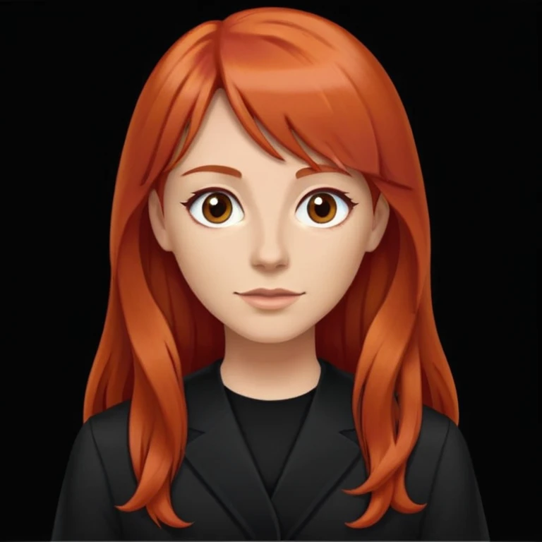 teacher with long red hair and a fringe with brown eyes wearing all black emoji