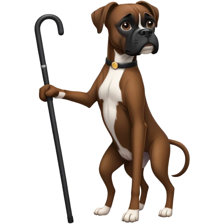 Elderly dark black boxer dog standing on hind 2 legs using one cane emoji