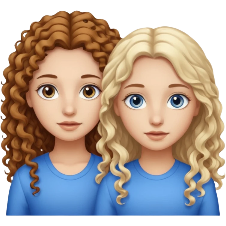 Twin sisters, one has brown eyes, long curly brown hair, the other one has blue eyes and straight blond hair emoji