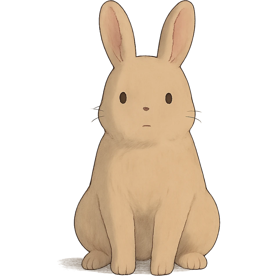 full-body milk tea bunny sitting still with blank stare, soft Ghibli style emoji