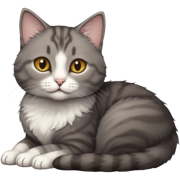 full body tiny short hair dark grey and white cat with hazel eyes lying down emoji