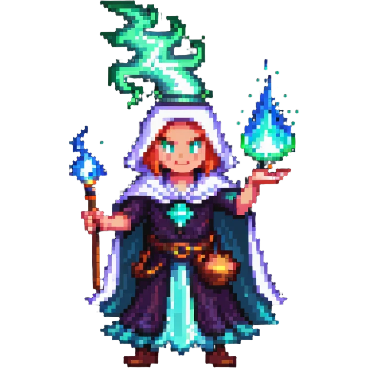 pixel art character casting a magic spell with glowing effects emoji
