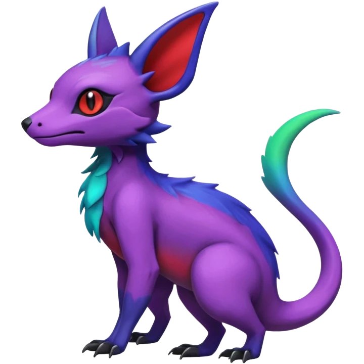 Rare epic aesthetic iridescent spooky gloomy colorful Salandit-Noibat-Eevee-Genet-species-Fakemon-hybrid-creature, with markings, full body emoji