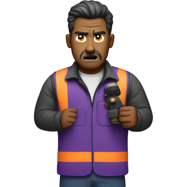 Guy ANGRY on purple walkie talkie in work vest emoji