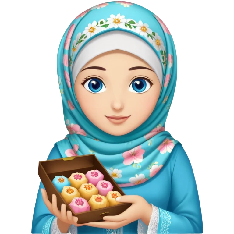 Turkish beautiful finish Konya girl blue eyes with lilies floral hijab islamic dress and had on her hand text Eid Mubarak with sweets and celebrating with her friends eid days   emoji