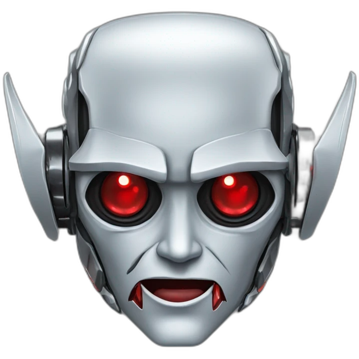 Cyber futuristic silver vampire robot face  red eyes, long ears and vampire fangs emoji