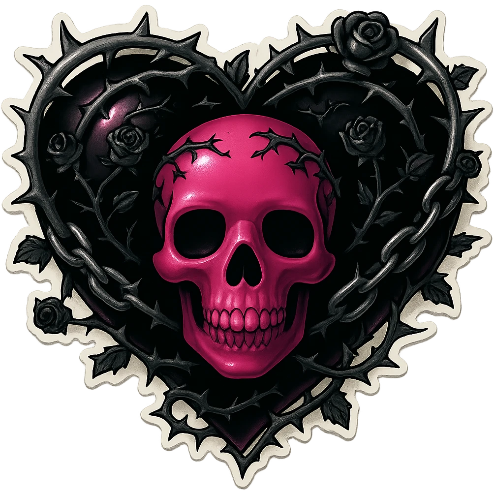 Add more gothic details including chains, thorns, and tiny black roses. Keep the black and pink gothic heart with a pink skull in the center. Maintain the retro stickers style with no background. emoji