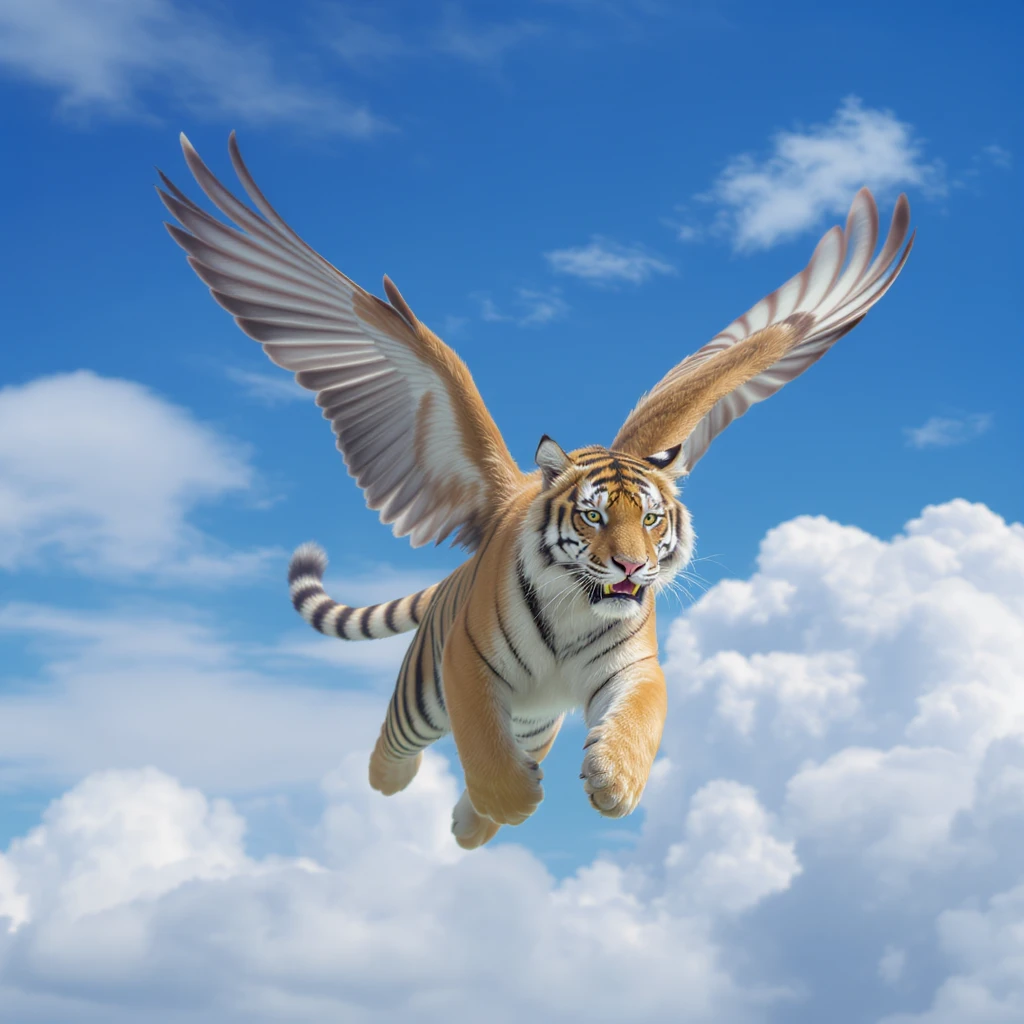 Tiger with wings and corwn flying around clouds, blue solid color, with cinematic blur emoji