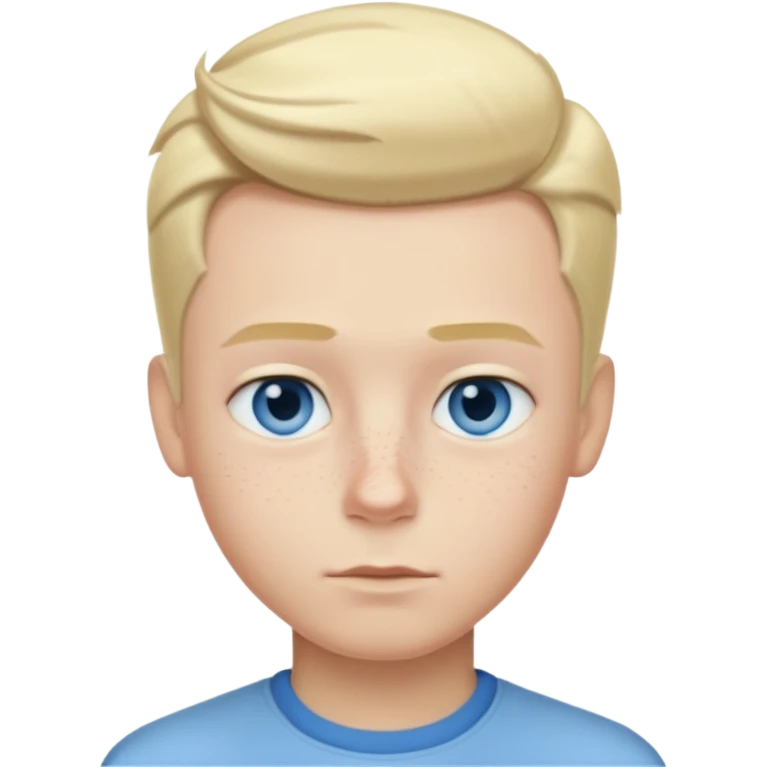 blond boy with straight hair, slightly side parting and a quiff, blue eyes, full lips, very light blond eyebrows, fair complexion with a cold undertone, freckles emoji