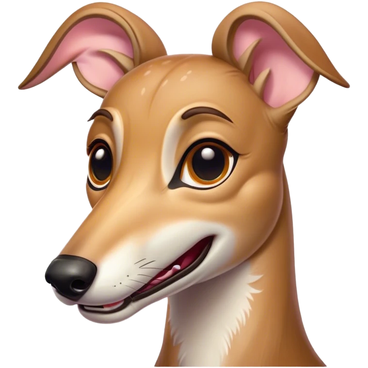 Cinematic Comical Fawn Greyhound Portrait Emoji, Head tilted dramatically with an exaggeratedly amused expression, featuring a striking fawn Fur with subtle elegance, wide, expressive eyes filled with playful disbelief, Simplified yet hilariously expressive features, highly detailed, glowing with a slightly sassy glow, high shine, dramatic yet playful, stylized with an air of cheeky charm, bright and endearing, soft glowing outline, capturing the essence of a spirited and over-the-top racer, so meme-worthy it feels like it could side-eye its way into internet fame instantly! emoji