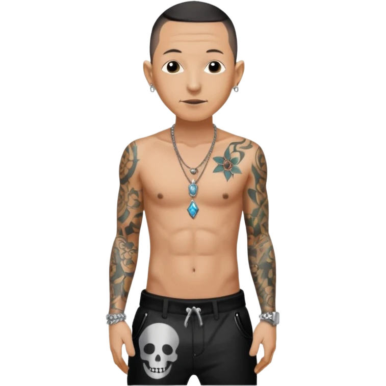 Chester Bennington with black sequin baggy pants, shirtless with necklace emoji