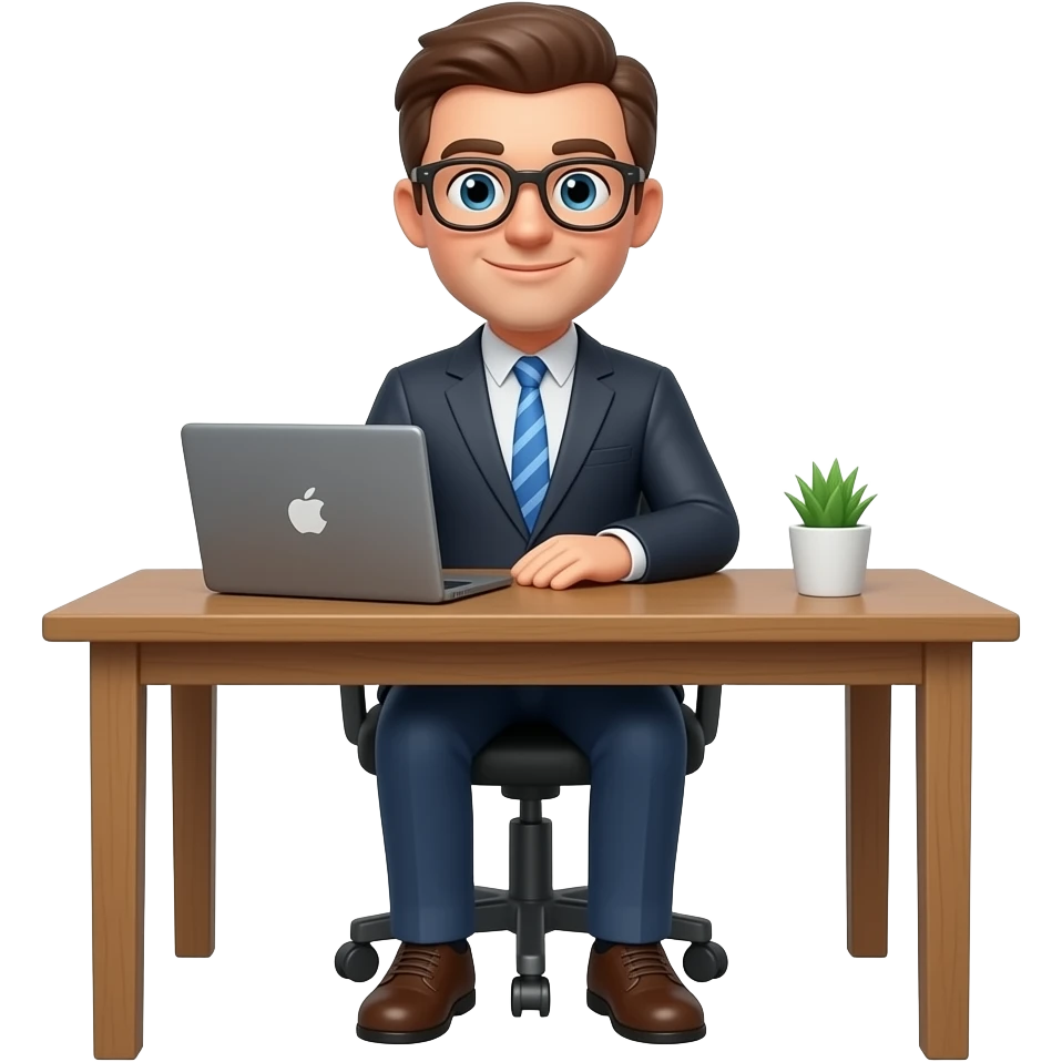 hombre sentado en escritorio cuerpo completo con laptop que tenga lentes emoji