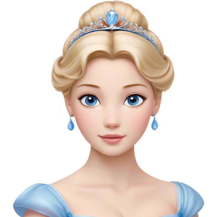 Cinematic Realistic Cinderella Portrait, depicted with lifelike skin texture, subtle rosy undertones, and soft natural lighting that enhances the gentle contours of her face. Her intricately detailed golden blonde hair is elegantly styled in an updo, with delicate wisps framing her face for added realism. Her deep, expressive blue eyes radiate warmth and sincerity, reflecting a quiet resilience and grace. She is dressed in her iconic ball gown, the fabric shimmering with intricate embroidery and fine translucent layers that catch the light beautifully. The soft sheen of satin gloves and the delicate sparkle of a glass-like slipper peeking from beneath her dress add a touch of magical realism. The portrait features an enchanting glow with a natural, luminous finish, seamlessly blending realism and fairytale charm to evoke a sense of depth, elegance, and timeless beauty. emoji