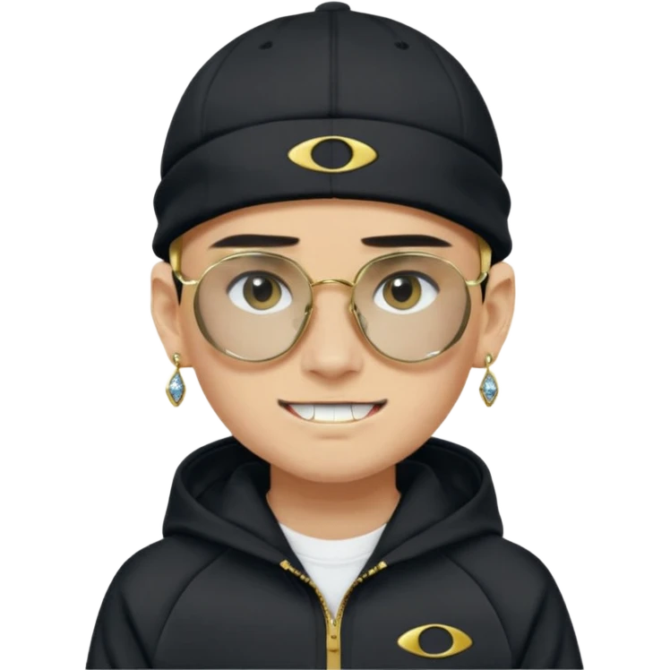 un emoji de un chico emcapuchado blanco, con gorro kalenji, dientes de oro, com uma chaqueta negra nike tech y unas gafas de oakley, con pendientes de diamante, que las gafas sean estilo cuadradas, los pendientes q no se cuelguen, que sean redondos, en las dos cejas un corte emoji