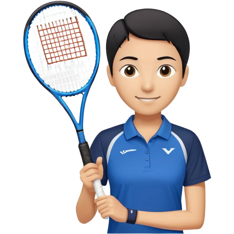 light brown skinned tennis coach, short straight black hair with widow's peak, oval face, small eyes, smiling, holding blue Yonex tennis racket, wearing dark navy blue dry fit shirt emoji