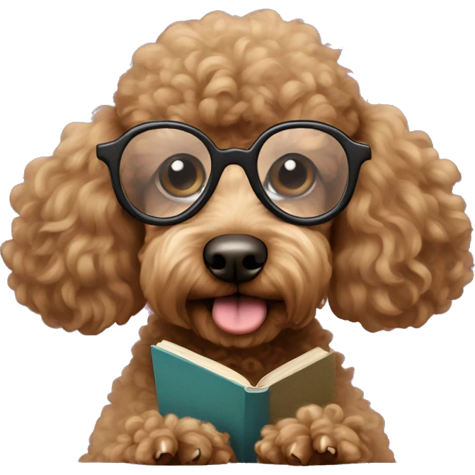 Brown poodle with wire rim glasses reading a book emoji
