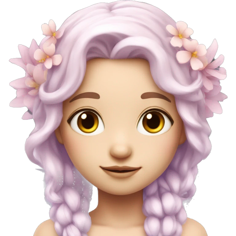 Beautiful, flower fairy, white long, light pink hair, big wings, fair skin, light violet eyes  emoji