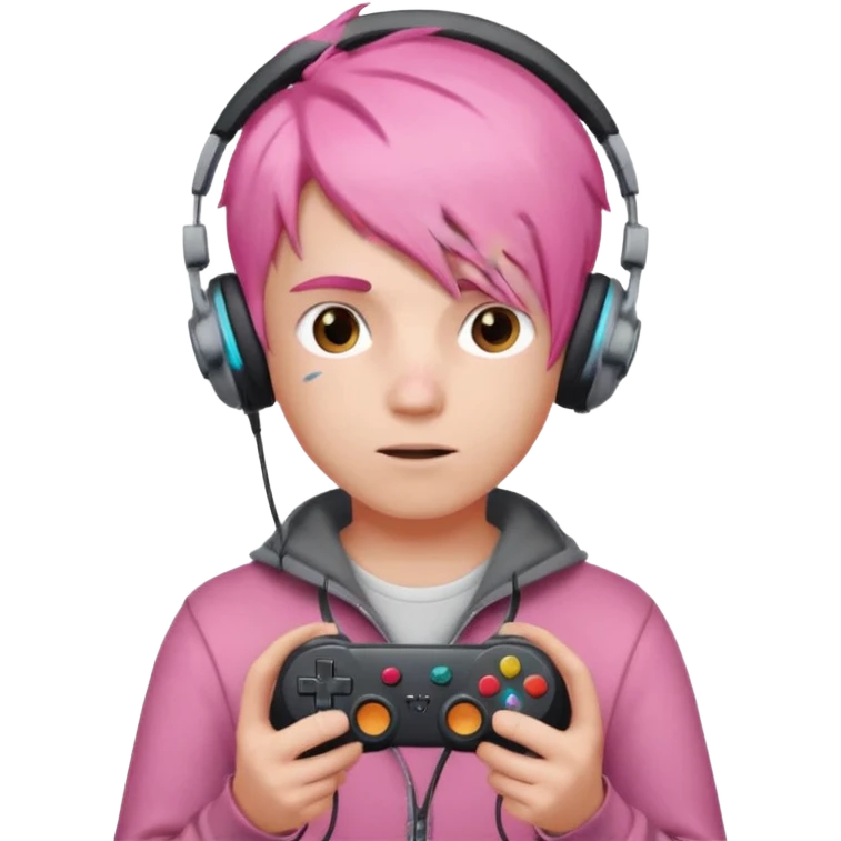 pink haired boy with headphones holding game controller emoji