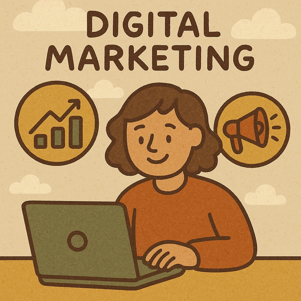 digital marketing, modern flat style, vibrant colors, includes laptop, graph, and megaphone emoji