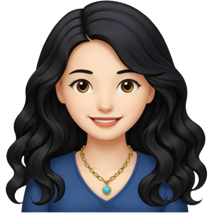 Please generate a portrait of a pretty girl with long, wavy, black hair. She's smiling. She also wears a left side parting. emoji