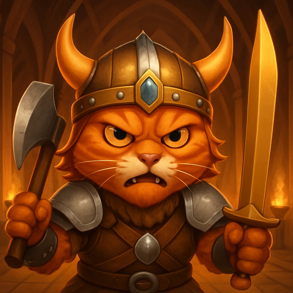 Make the ginger cat viking look fiercer, with a more intense expression and battle-ready pose, keep the Valhalla hall background. The original style is emoji style, but emoji style does not support editing, so please maintain the emoji style look while editing in the general style. emoji