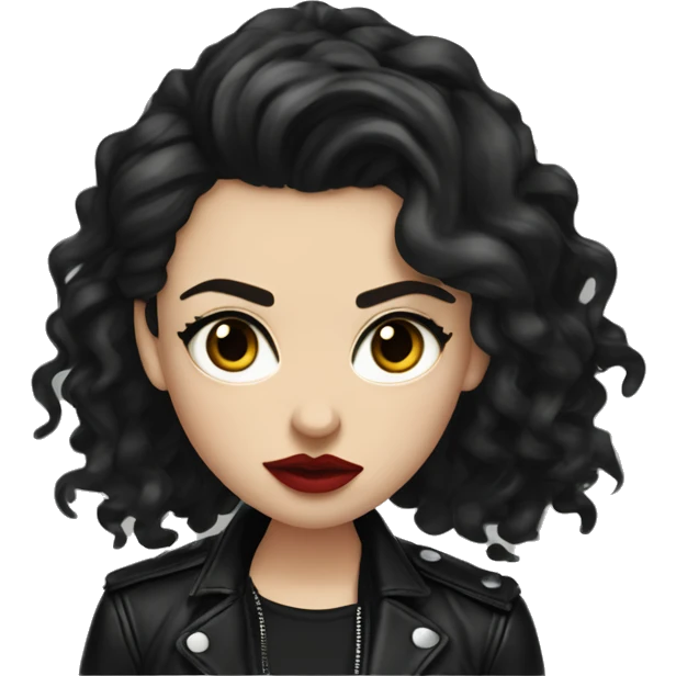White girl, with long curly black hair, with red lipstick, black winged eyeliner, wearing black shirt and black leather jacket, rolling her eyes in annoyance  emoji