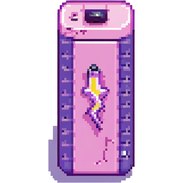 pixel art icon of a vertical battery with a lightning bolt inside, battery half full, glowing pink and purple color palette, clean and minimal, legible at small sizes emoji