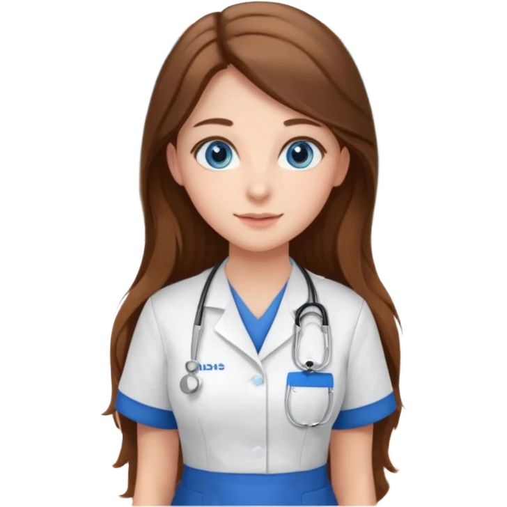 pretty female nursing student with long brown hair, blue eyes inside a classroom at university emoji