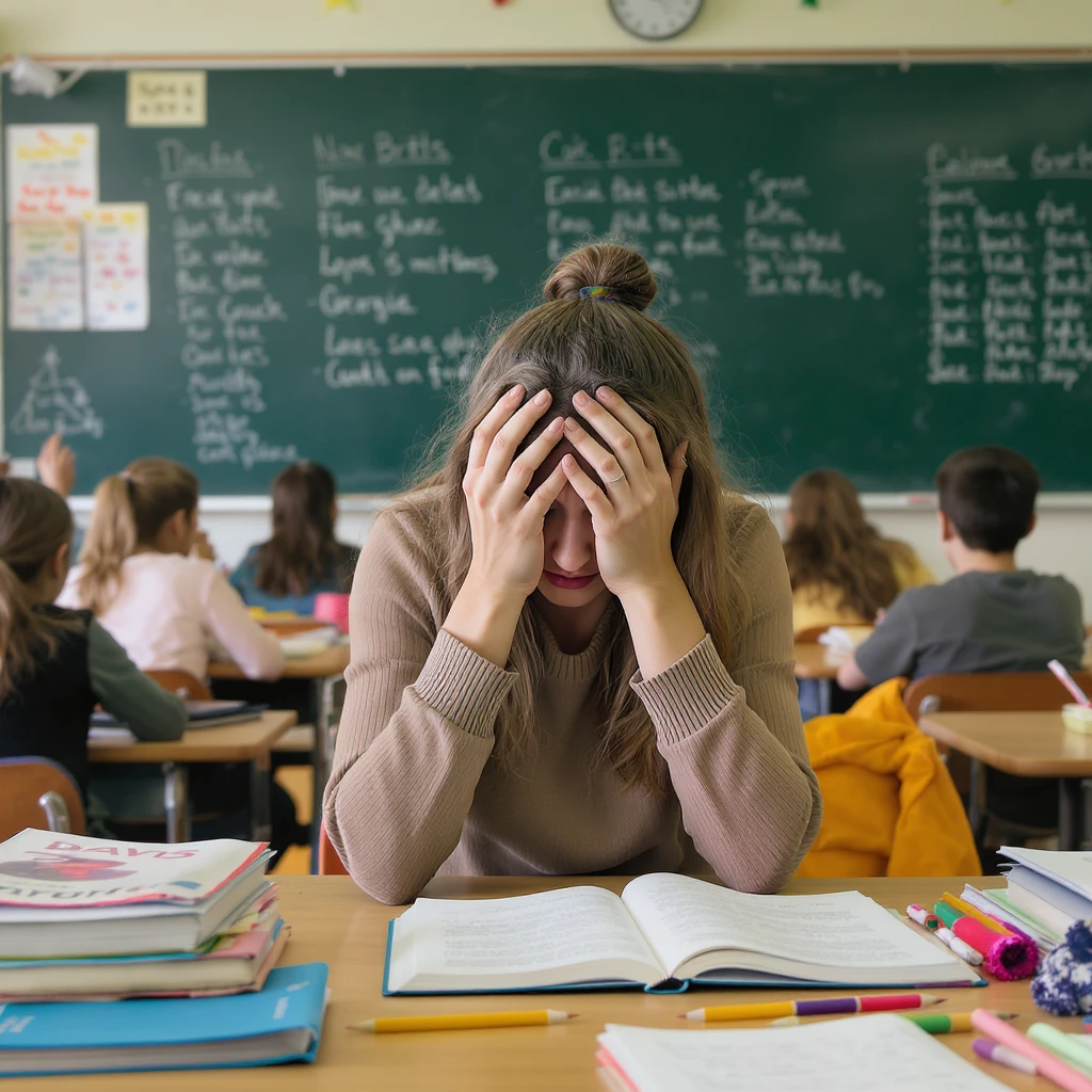 exhausted teacher in a bustling classroom emoji