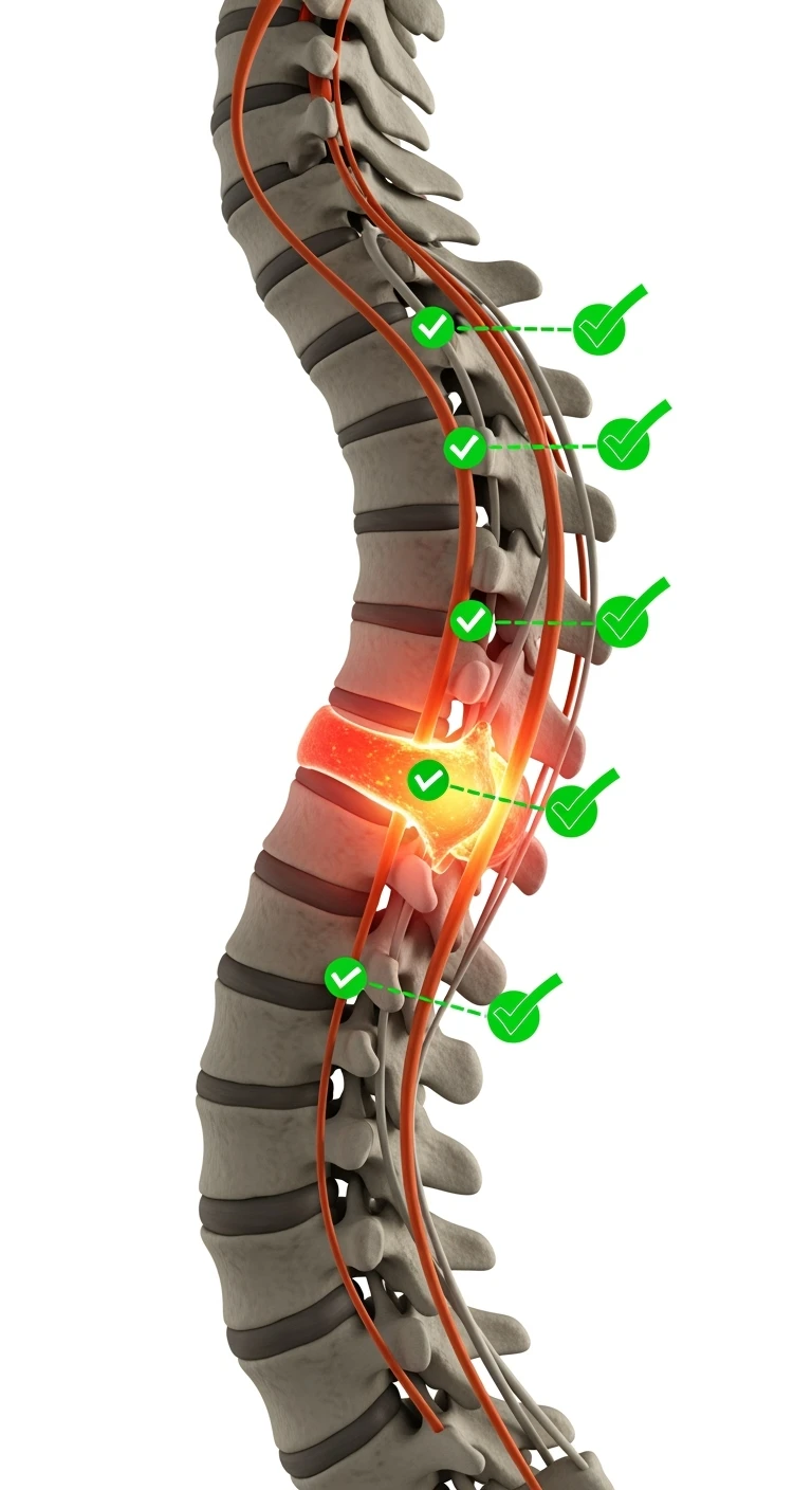 spina dorsale anatomica umana infiammata con ernia, e spunte verdi di verificato in 3d, ISOLATO SU SFONDO BIANCO emoji
