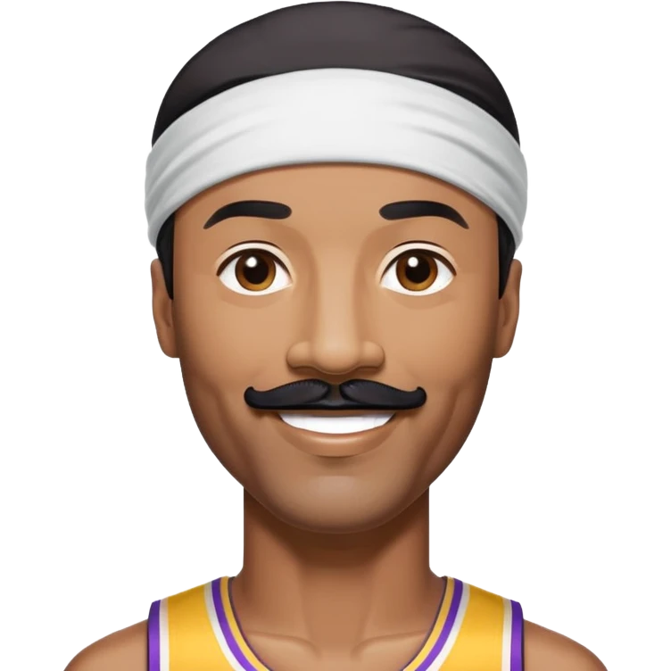 Wilt Chamberlain, tall, black short hair, mustache, headband, smiling emoji