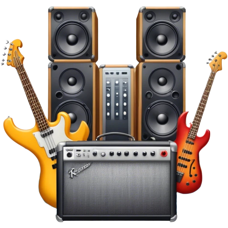 Icon for R&B Music Listening: large concert speakers with waves of musical notes coming out, along with a bass guitar, drum kit, and synthesizer. The icon should convey the energetic and rhythmic vibe of R&B music. Transparent background. emoji
