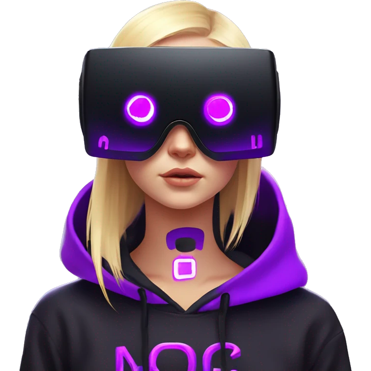 Russian cute blond student girl wearing black hoody with violet letters "OMG", in vr headset. No eyes. Cyberpunk style. Violet neon. emoji