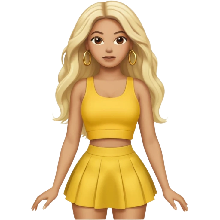 Beyonce with long platinum blonde hair, yellow crop top and skirt emoji