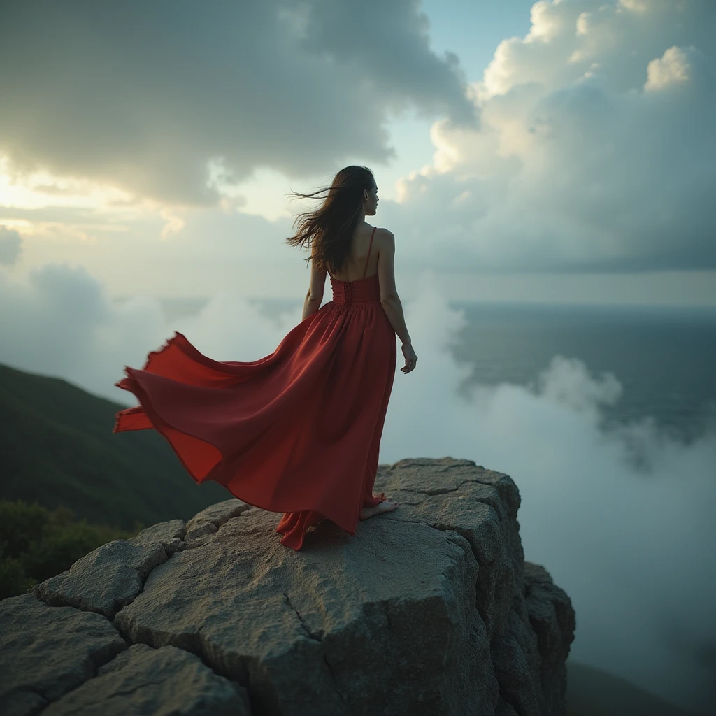 photorealistic scene of a woman in a billowing red dress atop a rocky cliff with swirling clouds and moody cinematic lighting, capturing themes of freedom and epic atmosphere emoji