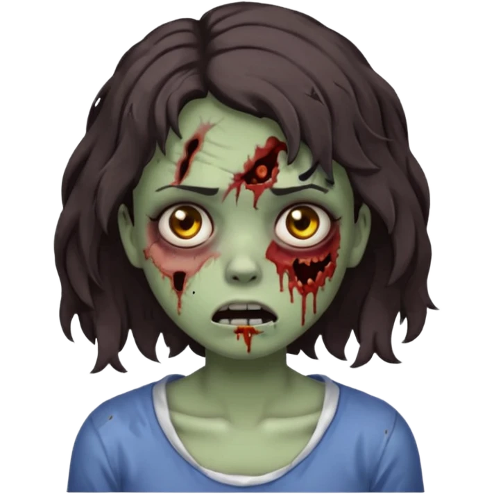 Zombie girl with bruises, she has a dark brown  short wavy hair, she has a tired expression and BLACK eyes, she has dark circles too, her mouth is ripped, make her more emoji-like.  emoji