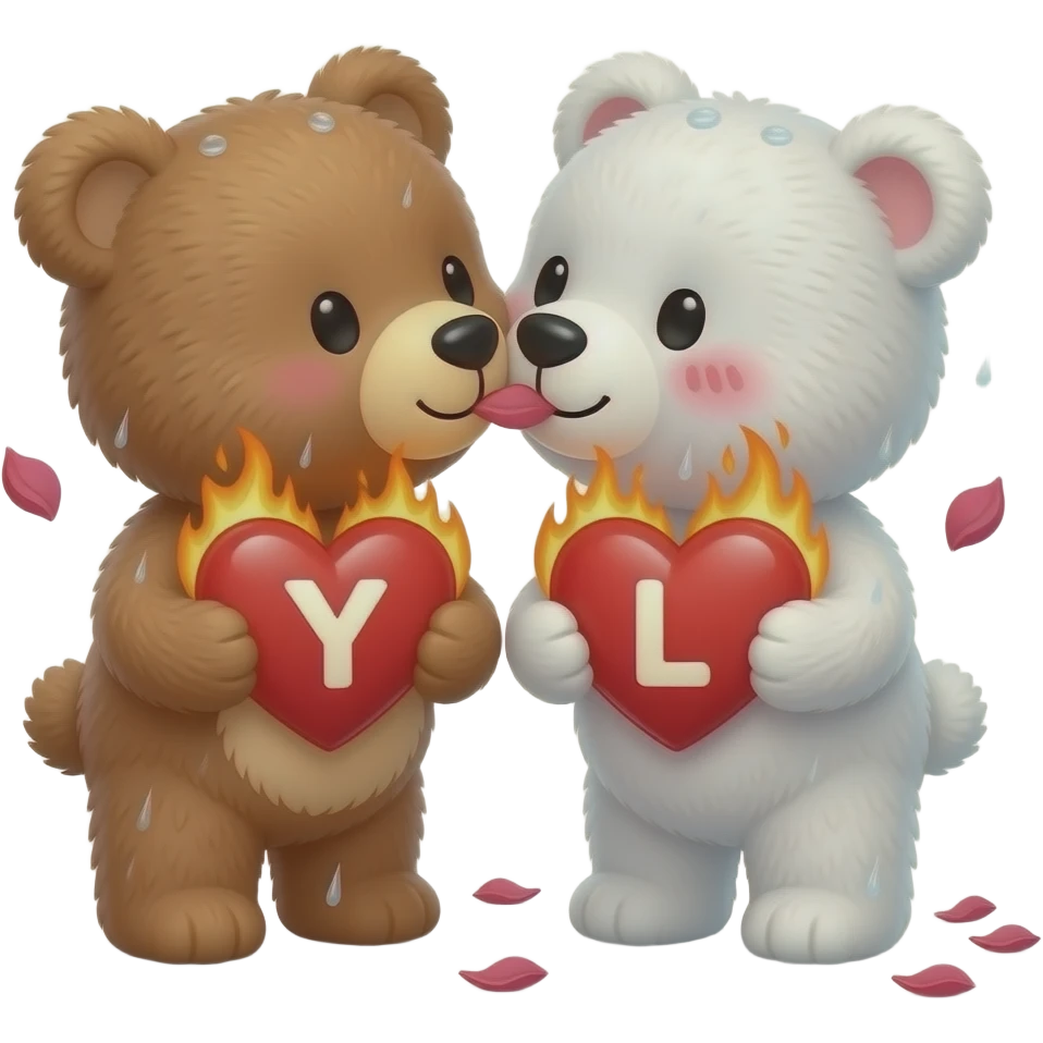 I want one light brown bear teddy kissing on cheek white bear teddy both holding heart , both a little furry, the  white bear blushes and smiles , add letter Y to the heart of the brown bear and letter L to the heart of the white bear , raining rose petals , hearts on fire emoji