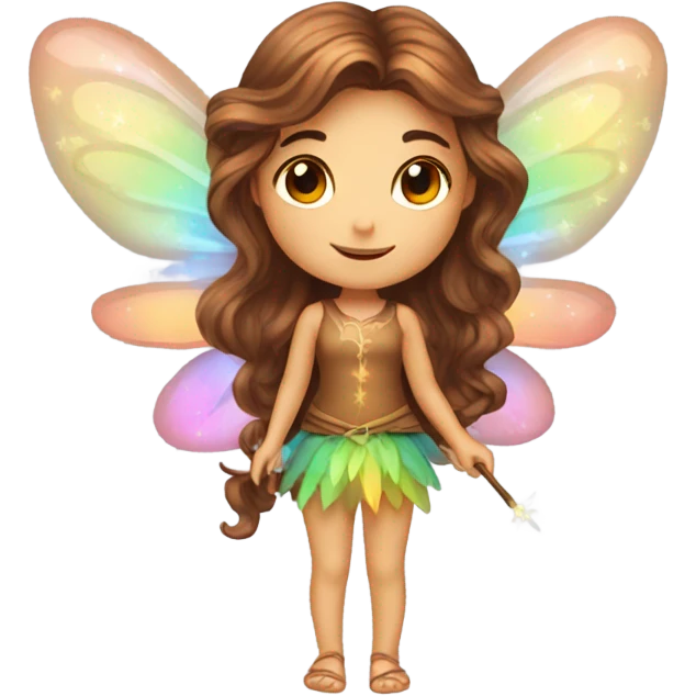 Beautiful long brown hair cute Pixie fairy with magic colorful wings and wand  emoji