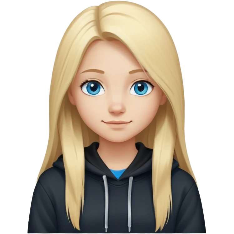 Blonde long straight hair girl with blue eyes and black hoodie. i want her to be smirking emoji