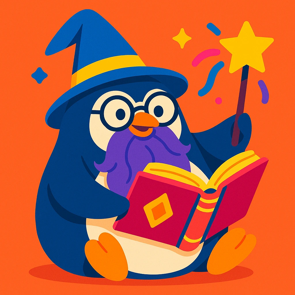 chubby penguin wizard with glasses, long beard, magical book, playful illustration style, vibrant colors emoji