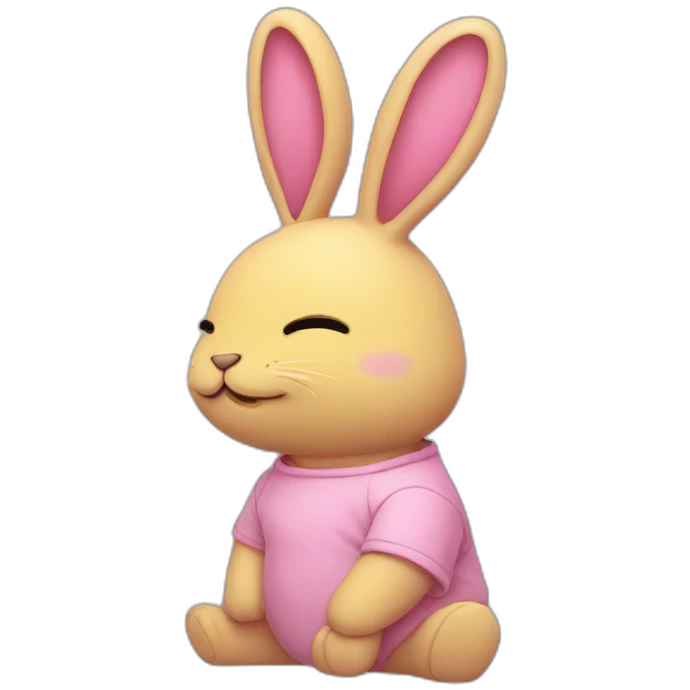 rabbit pink closed eyes, wears teeshirt yellow emoji