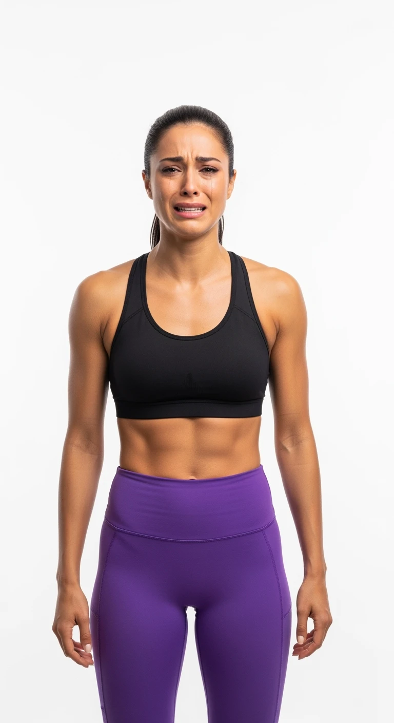 DONNA FITNESS CHE PIANGE, ISOLATA SU SFONDO BIANCO emoji