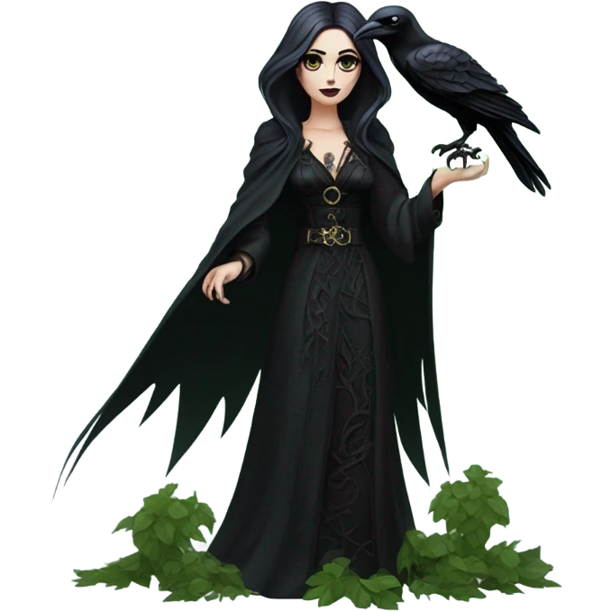 the morrigan goth woman version vines style furr robe stylish boots, perfect eyes, raven on hand, green vines decor on ground emoji